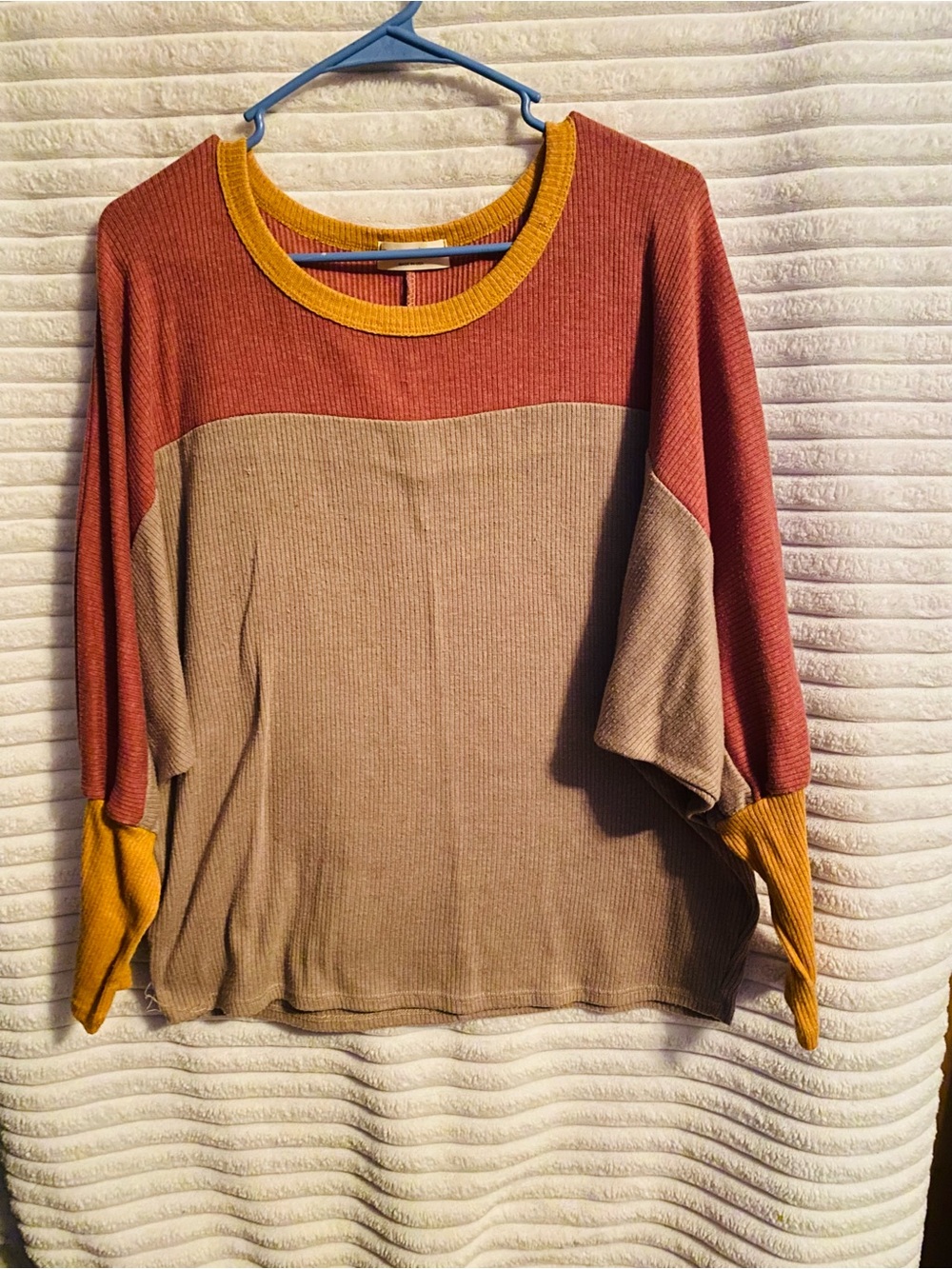 Colorblock Crewneck Sweater in Muave, Taupe & Mustard